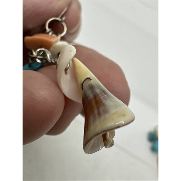Silver Tone Natural Stone Shell Conch  Coral Dyed Howlite Dangle Earrings 2.5” - Picture 7 of 14